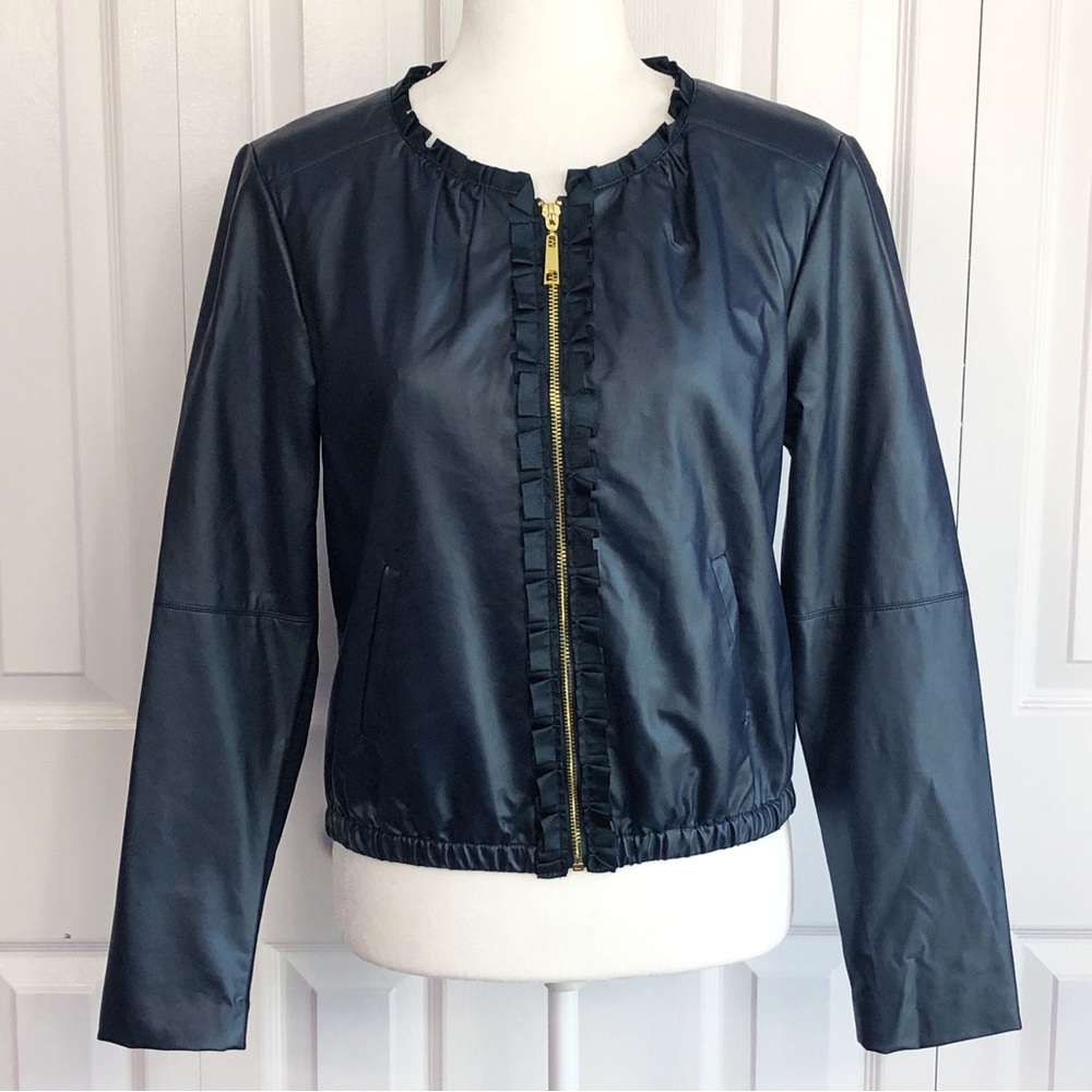 Ellen Tracy Navy Faux Leather & Knit Mixed Media Zip Jacket Small